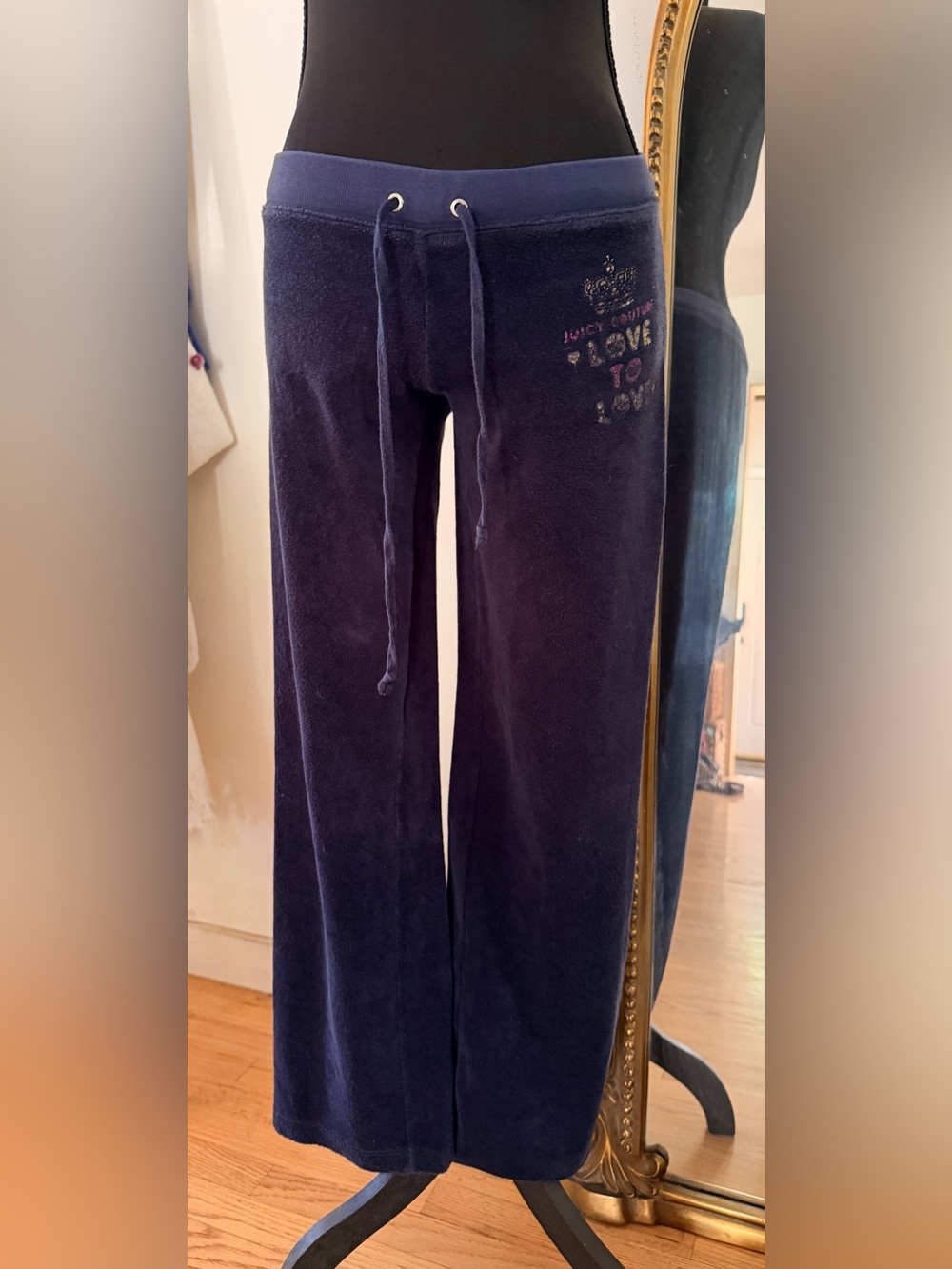Vintage Juicy Couture Navy Velour Wide-Leg Sweatpants with Embellished Logo